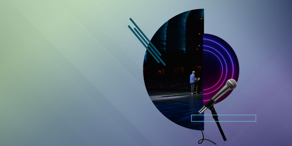 collage of a keynoter with a microphone and abstract shapes on a gradient background