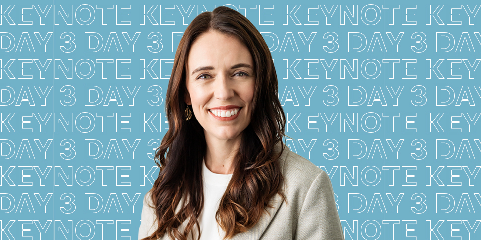 Jacinda Ardern headshot on a light blue background with the words "Day 3 Keynote" behind her